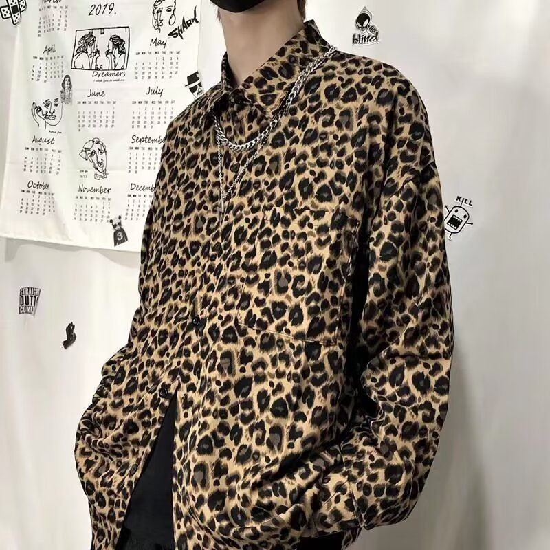 Leopard Print Long-sleeve Stylish Cool Spring And Autumn High Street Hong Kong Style Shirt, Versatile Men's Clothing,_viptrois.com
