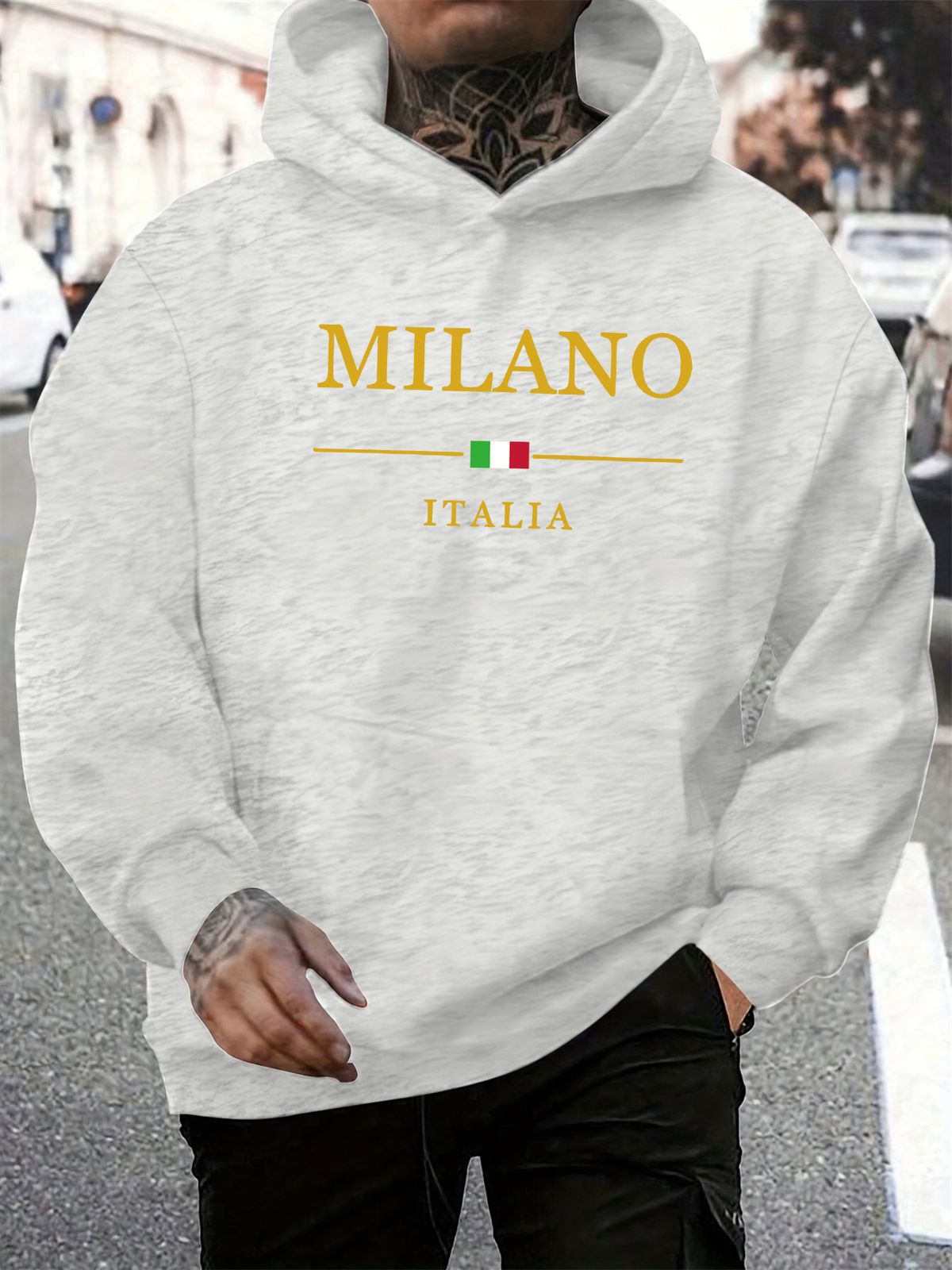 Men's Autumn And Winter Casual Fashionable Loose Hooded Sweatshirt MILANO ITALIA Pattern Printed Warm Long Sleeved Pullover_viptrois.com