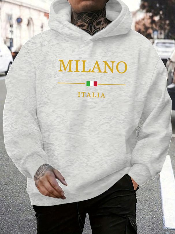 Men's Autumn And Winter Casual Fashionable Loose Hooded Sweatshirt MILANO ITALIA Pattern Printed Warm Long Sleeved Pullover_viptrois.com