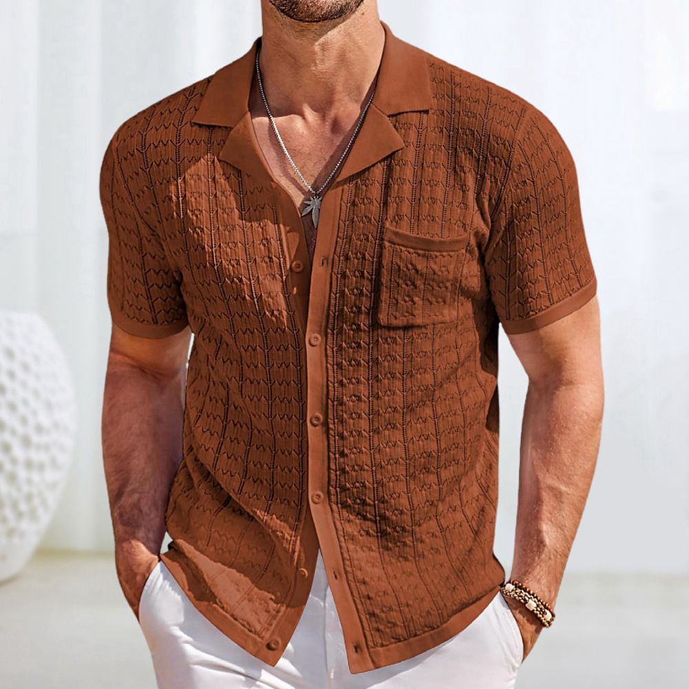 Men's Clothing Summer New Short Sleeved Cuban Collar Knitted POLO Shirt Casual Cardigan Top_viptrois.com