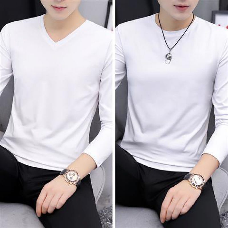Modal Cotton Men's Long Sleeve Collar Slim Fit Pure White Autumn T-Shirt Base Shirt Trendy Top_viptrois.com