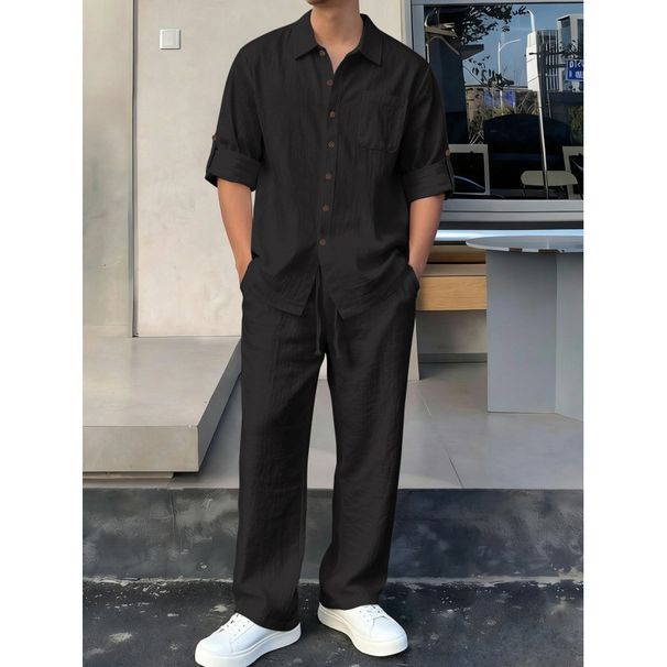 Men's Casual Vacation Shirt And Trousers Suit Single Breasted Lapel Long Sleeve Linen Spring New Arrival Straight Leg_viptrois.com