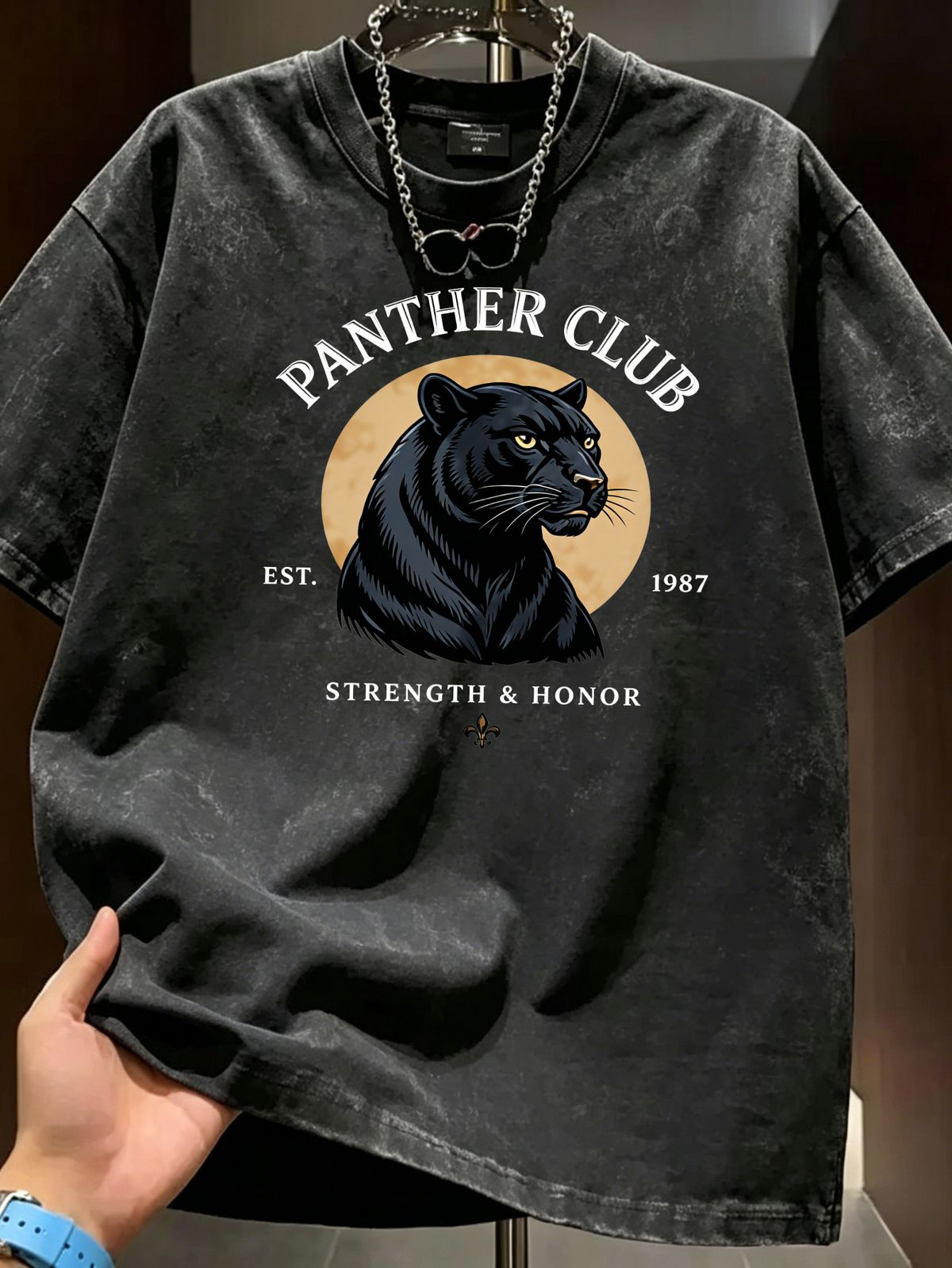 Summer Washed Cotton T-Shirt, Men's Panther Club 1987 Print, Retro Street Style, Casual Oversized Tee_viptrois.com