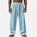 Men's Clothing Cotton And Linen Solid Color Drawstring Elastic Waist Daily Casual Breathable Straight Trousers_viptrois.com