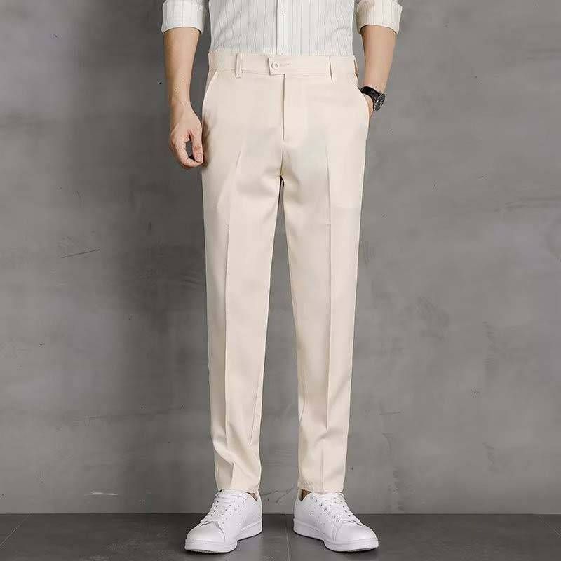 Men's Casual Elastic Suit Pants Thin Spring Autumn Summer Nine Point Trousers Mid Waist Zipper Fly Kpop Style Black Chinos_viptrois.com