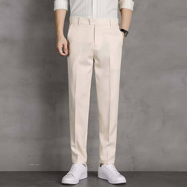 Men's Casual Elastic Suit Pants Thin Spring Autumn Summer Nine Point Trousers Mid Waist Zipper Fly Kpop Style Black Chinos_viptrois.com