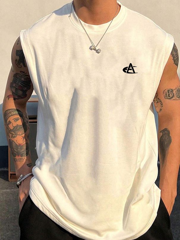 100% Pure Cotton Men's Summer Casual Sports Fitness Loose Spade A Print Breathable Round Neck Sleeveless Vest_viptrois.com