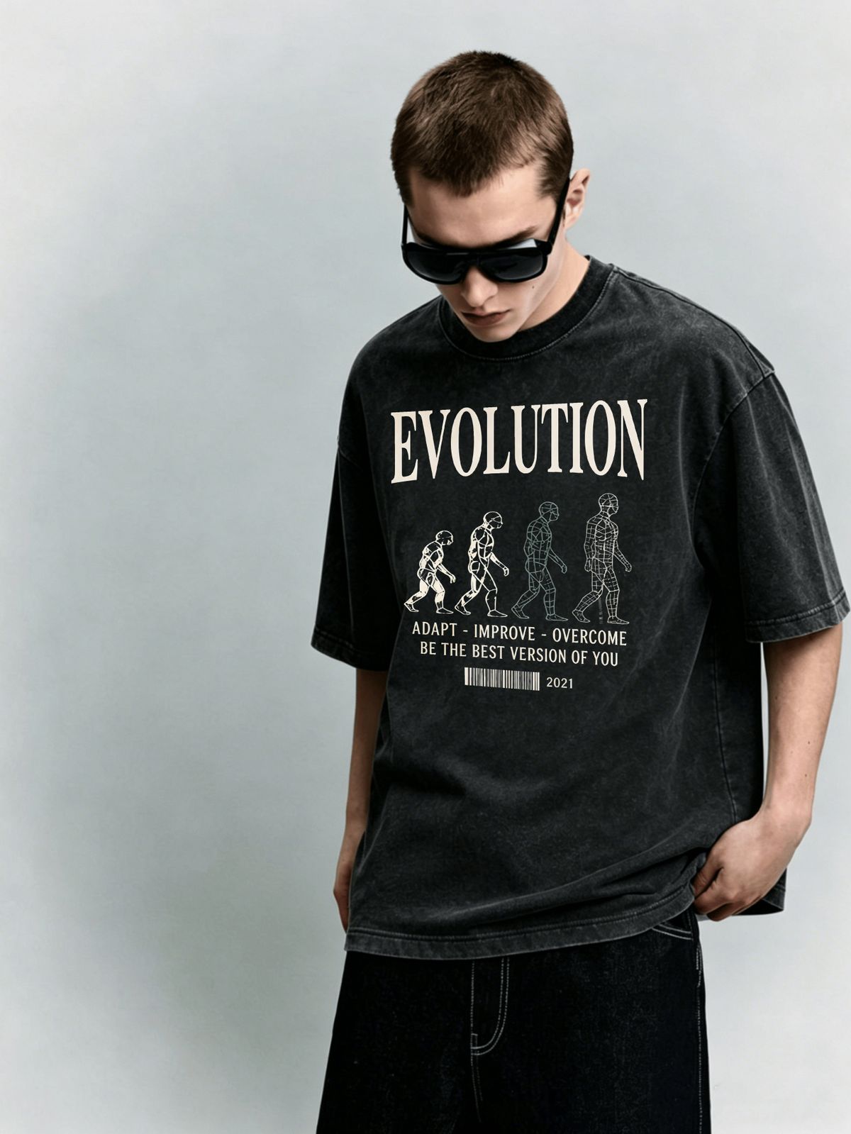 Vintage Washed "EVOLUTION" Human Graphic Cotton T-Shirt Men's Casual Streetwear Tee_viptrois.com