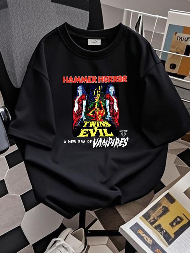 Hammer Horror Twins Of Evil Poster Black Adult T Shirt Slightly Fashion Designer Clothes Streetwear Summer Graphic Stretched Top For Everyday Wear_viptrois.com