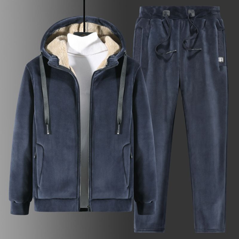 Lamb Fleece Men's Casual Suit With Fleece Loose Hoodie Suit Autumn And Winter Thick Warm Hooded Cardigan Coat For Men_viptrois.com