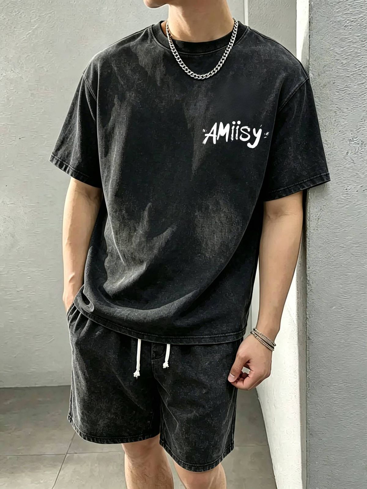 230g Vintage Washed Men Casual Tee White AMIISY Graffiti Script Font Print Short Sleeve Loose Daily Street Tshirt_viptrois.com