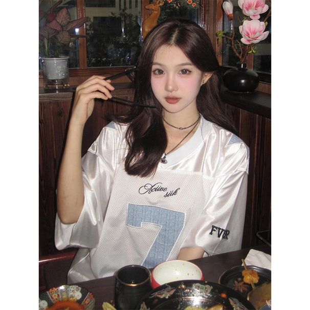 Summer Patchwork No. 7 Mesh Embroidered Printed Top For Men And Women, Loose Fit Sports Training Jersey, V-Neck Short_viptrois.com