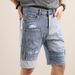 Men's new style splicing foreign trade patch features personalized worn trendy micro-elastic youth medium trousers denim shorts_viptrois.com