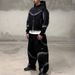 Streetwear Unisex Hoodie With Futuristic Geometric Print - Oversized Fit, Soft Polyester Fabric, Trendy Urban Style (Black)_viptrois.com