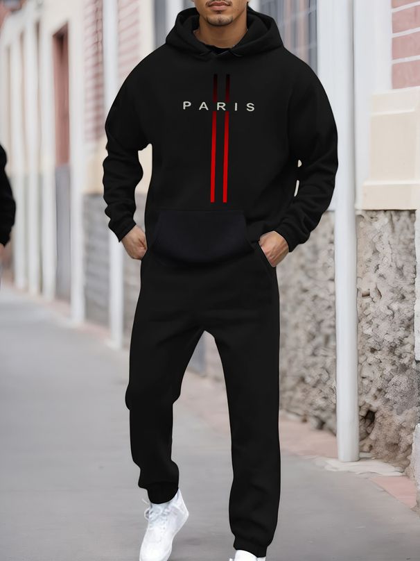 Men's Autumn/Winter Casual Fashion Paris Pattern Printed Loose Suede Thick Hoodie+Sports Pants Set_viptrois.com