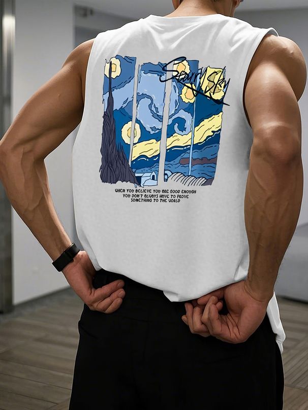 100% Pure Cotton Men's Summer Casual Sports Fitness Loose Tribute Van Gogh Pattern Printed Breathable Round Neck Sleeveless Vest_viptrois.com