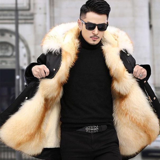 Men's Clothing Cross Border Winter Faux Fox Fur Imitation Fur Coat Mid Length Coat Large Size Men's Clothing_viptrois.com