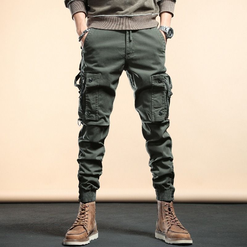 Retro Heavyweight Multi Pocket Overalls Men's Trendy Loose Straight Drawstring Pants Wide Leg Cross Border Casual Pants_viptrois.com