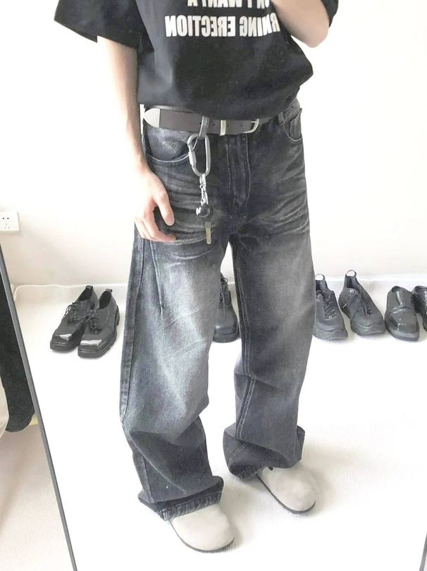 2025 Fashion Men's Clothing Retro Cat Whisker Jeans Washed Black Cleanfit Distressed Cat Whisker Versatile Wide Leg Pants_viptrois.com