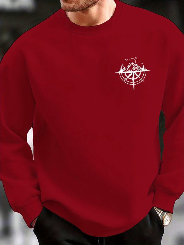 Men's Loose Casual Fashionable Mountain And Compass Pattern Printed Round Neck Long Sleeved Pullover Hoodie For Autumn And Winter_viptrois.com