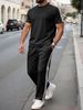 New Summer Style Men's Casual Suit With Decorative Strips, Versatile Short-sleeved Long Pants, Sports Outfit For Men_viptrois.com