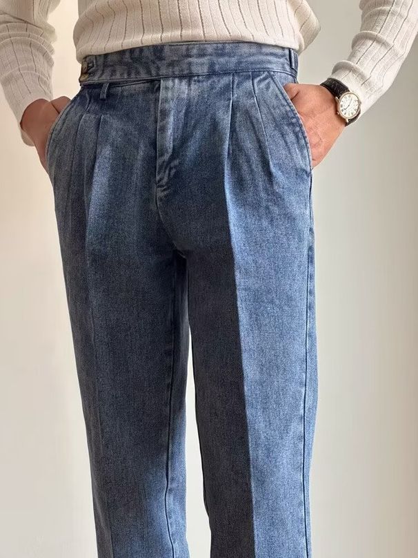 Men's Clothing High Waist Men's Very Italian Business Naples Denim Gurga Drape Straight Hem Trousers_viptrois.com