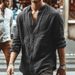 New Men's Autumn Solid-color Casual Stand-up Collar Long-sleeved Shirt Linen Carsweater._viptrois.com