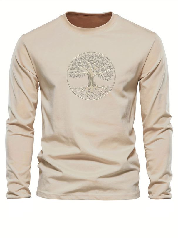 Men's Spring And Autumn Cotton Loose And Comfortable Versatile Tree Pattern Printed Round Neck Long Sleeve T-shirt Top_viptrois.com