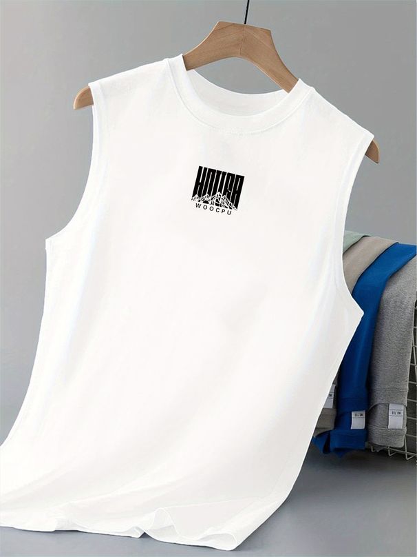 100% Pure Cotton Men's Summer Casual Sports Fitness Loose WOOCPU Pattern Printed Breathable Round Neck Sleeveless Vest_viptrois.com