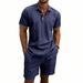 Men's American Style Casual Vacation Commuter Polo Shirt And Shorts Set Summer Linen Plus Size Simple Beachwear With Short Sleeves_viptrois.com