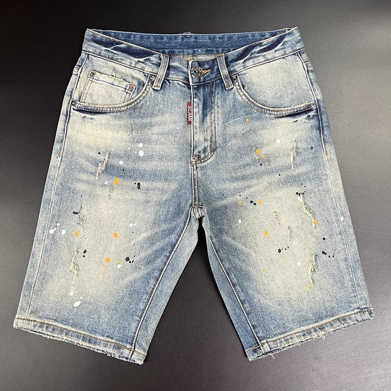 Men's Clothing Fashion Ink Splash Embroidery Denim Shorts Elastic Hole Style Five Point Pants Half Leg Pants_viptrois.com