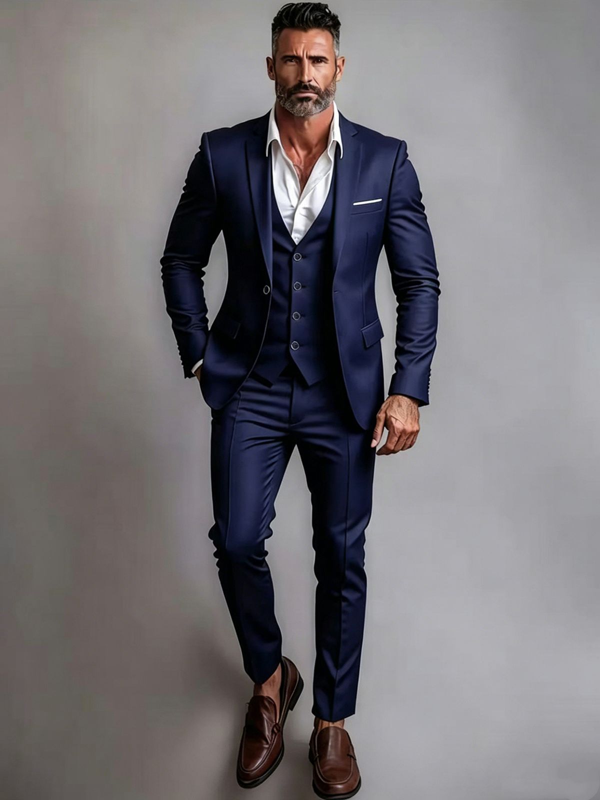 Men's Clothing Men's Slim Fit Three Piece Suit Style Business Casual Wedding Groomsmen Formal Solid Color Suit_viptrois.com
