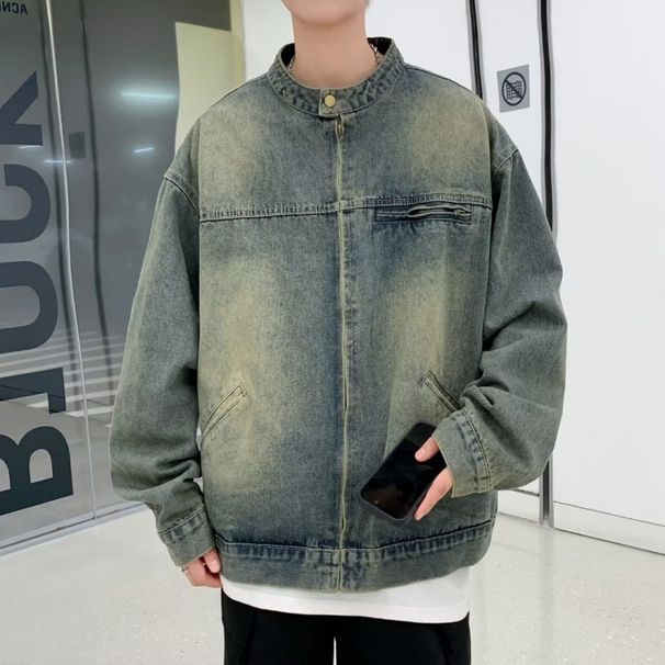 Retro And Trendy Denim Jacket For Men, Loose Fitting, Washed And Worn, Casual Cardigan, Zipper Jacket_viptrois.com