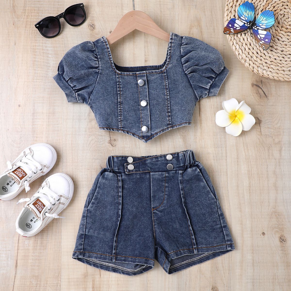 Baby Clothing Children's dress Girls' summer ribbed collar lantern sleeve top floral design multi-button denim suit_viptrois.com