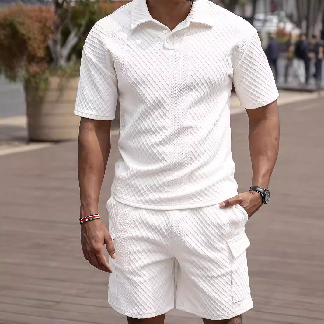 Men's Clothing Summer New Casual Button Down Lapel Shirt Solid Color Short Sleeved Shorts Suit For Men_viptrois.com