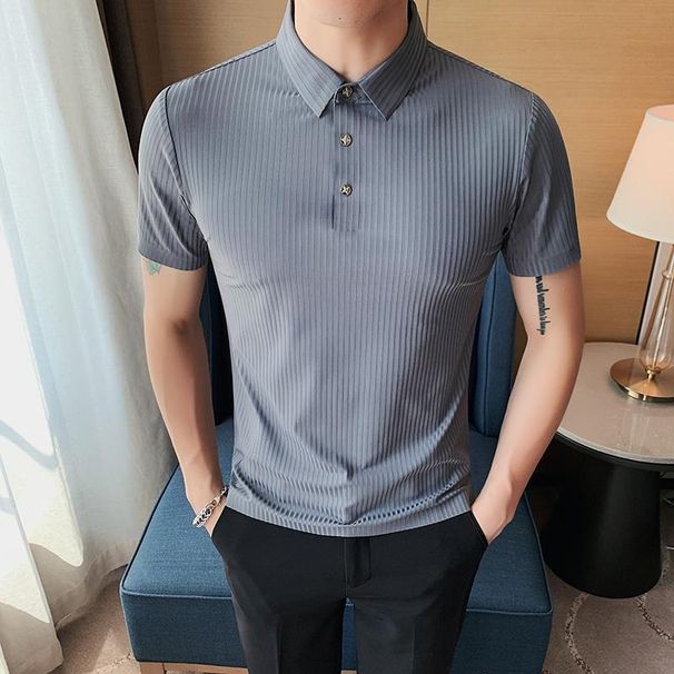 High End Ice Silk Striped Polo Shirt For Men, Short Sleeved, Summer Thin, High-end, Men's Seamless Elastic Quick Drying_viptrois.com