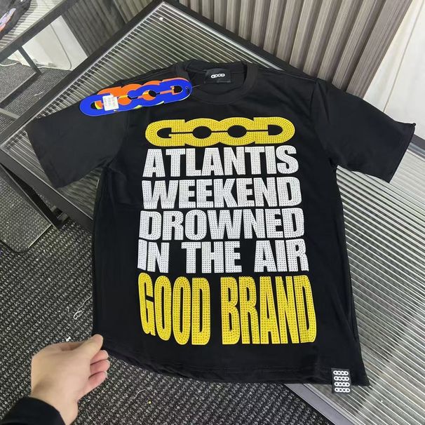 Trendy Letter-printed, Full-diamond Round-neck Loose-fitting Short-sleeve Unisex, Light Luxury T-shirt, Niche Couple's_viptrois.com