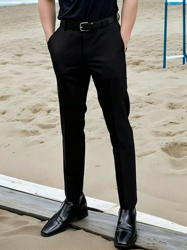 New Men's Slim Fit Business Dress Pants Solid Color Elastic Straight Leg Casual Commuter Trousers_viptrois.com