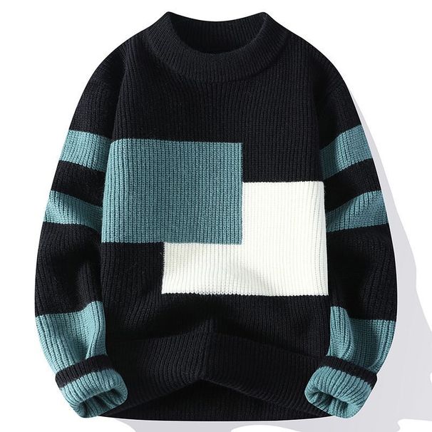Men's Youth Color Matching Sweater Trendy Student Crew Neck Pullover Knitted Sweater_viptrois.com