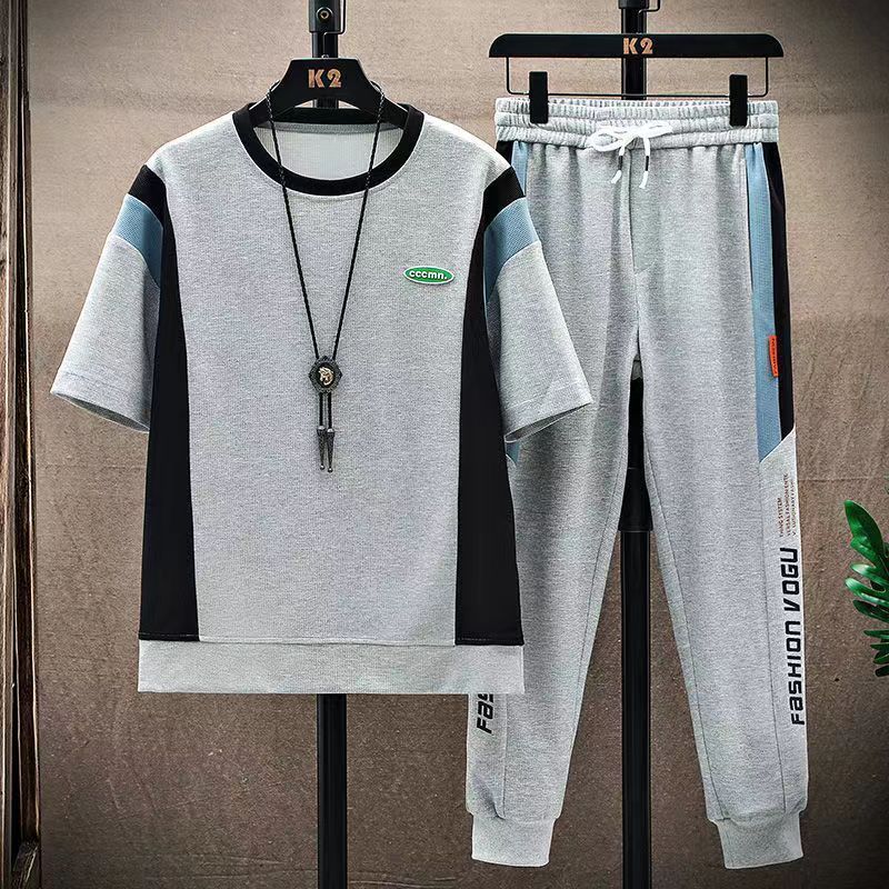Men's Stylish Summer Sportswear Set - Breathable Polyester T-Shirt & Long Pants Outfit For Casual & Active Wear (Black/White/Gray/Beige, M-4XL)_viptrois.com