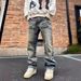 Men's Clothing Spring Street All Match Slightly Loose Straight Casual Washed Distressed Denim Trousers_viptrois.com