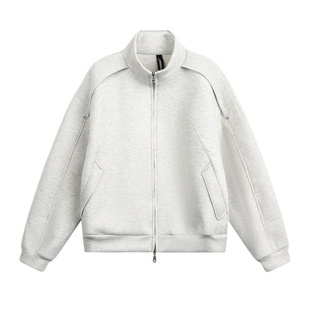 American Style Stand Collar Cardigan Sweatshirt For Men, Autumn Casual Loose High Street Trend Solid Color Patch_viptrois.com