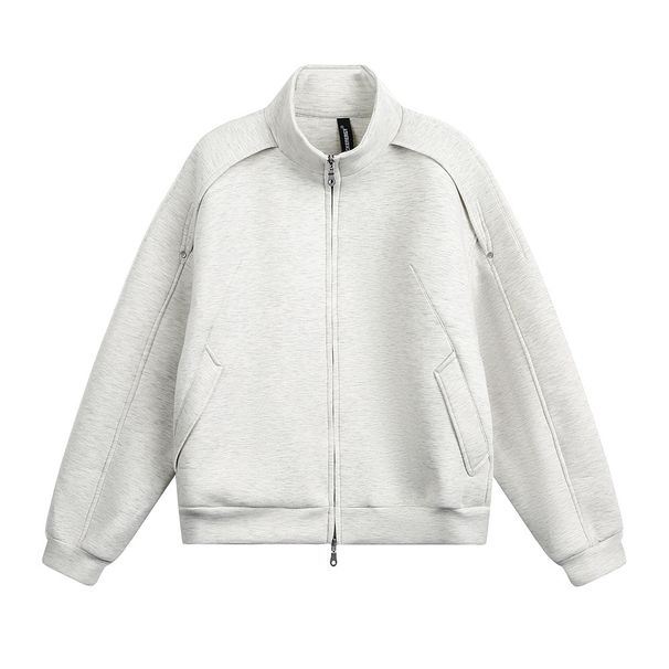 American Style Stand Collar Cardigan Sweatshirt For Men, Autumn Casual Loose High Street Trend Solid Color Patch_viptrois.com