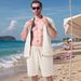 Men's Clothing Summer New Men's Simple Casual Jacquard Short Sleeved Zipper Cardigan Jacket Shorts Suit_viptrois.com