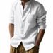 Men's Clothing Linen Shirt Long Sleeved Stand Up Collar Breathable Casual Pocket Shirt_viptrois.com