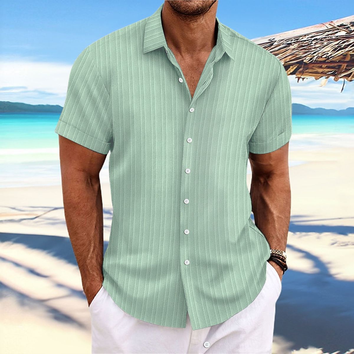 Men's Cotton Linen Striped Jacquard Casual Loose Short Sleeved Shirt Wave Pattern Bestseller_viptrois.com