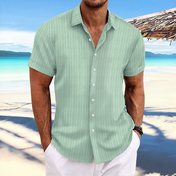 Men's Cotton Linen Striped Jacquard Casual Loose Short Sleeved Shirt Wave Pattern Bestseller_viptrois.com