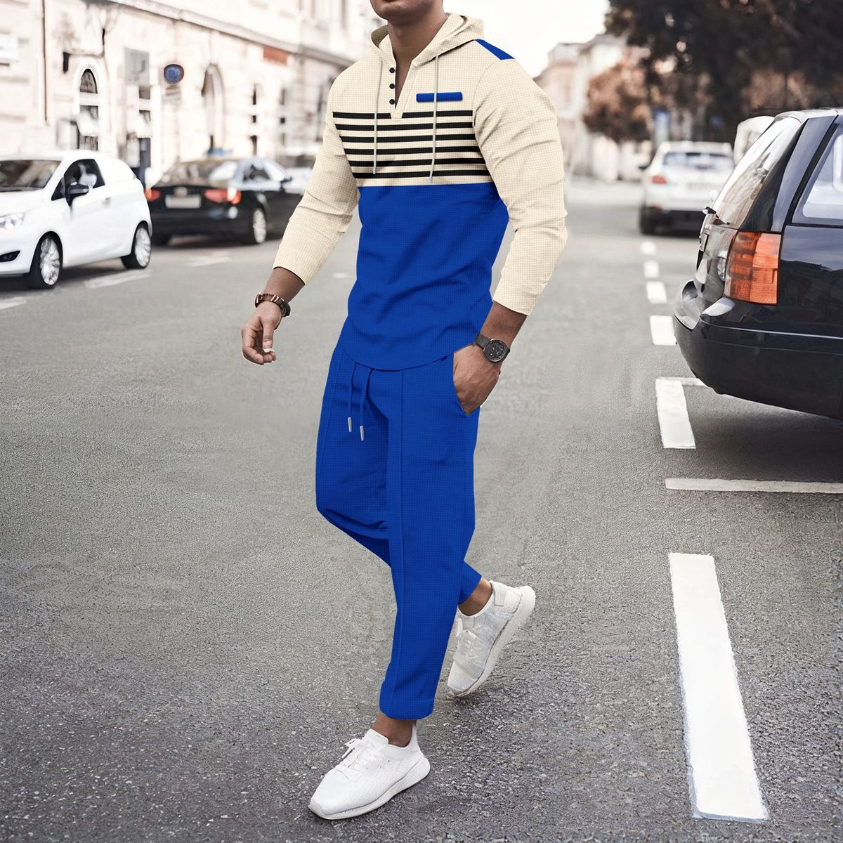 Men's Clothing Men's Waffle Knit Hoodie Jogger Set Long Sleeve Tracksuit Casual Striped Outfit_viptrois.com