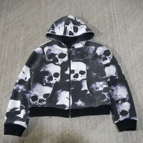 Men's Clothing Double Sided Layered Skull Print Y2K Retro Print Hoodie – Double-Sided Layering Streetwear With Skull Design, Unisex Vintage Pullover_viptrois.com