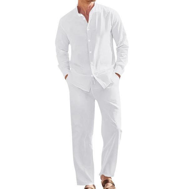 Men's Linen Casual Two Piece Set Stand Collar Shirt Loose Fitting Trousers_viptrois.com